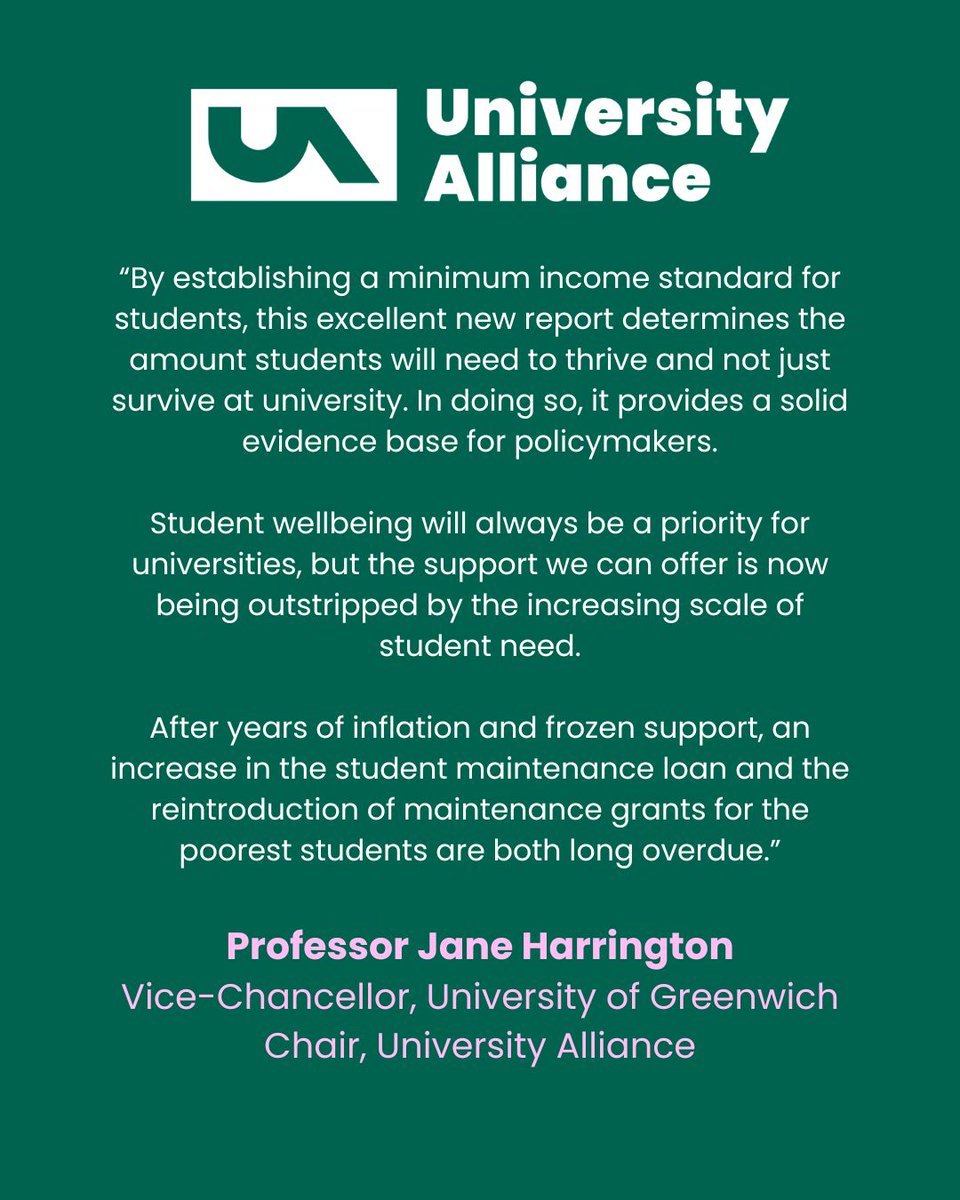 This morning, <a href="/HEPI_news/">Higher Education Policy Institute</a> have published an excellent new report, which determines a 'Minimum Income Standard' for students.

UA chair and <a href="/UniofGreenwich/">Uni of Greenwich</a> VC <a href="/janeharri1966/">Prof Jane Harrington</a> responds below 👇