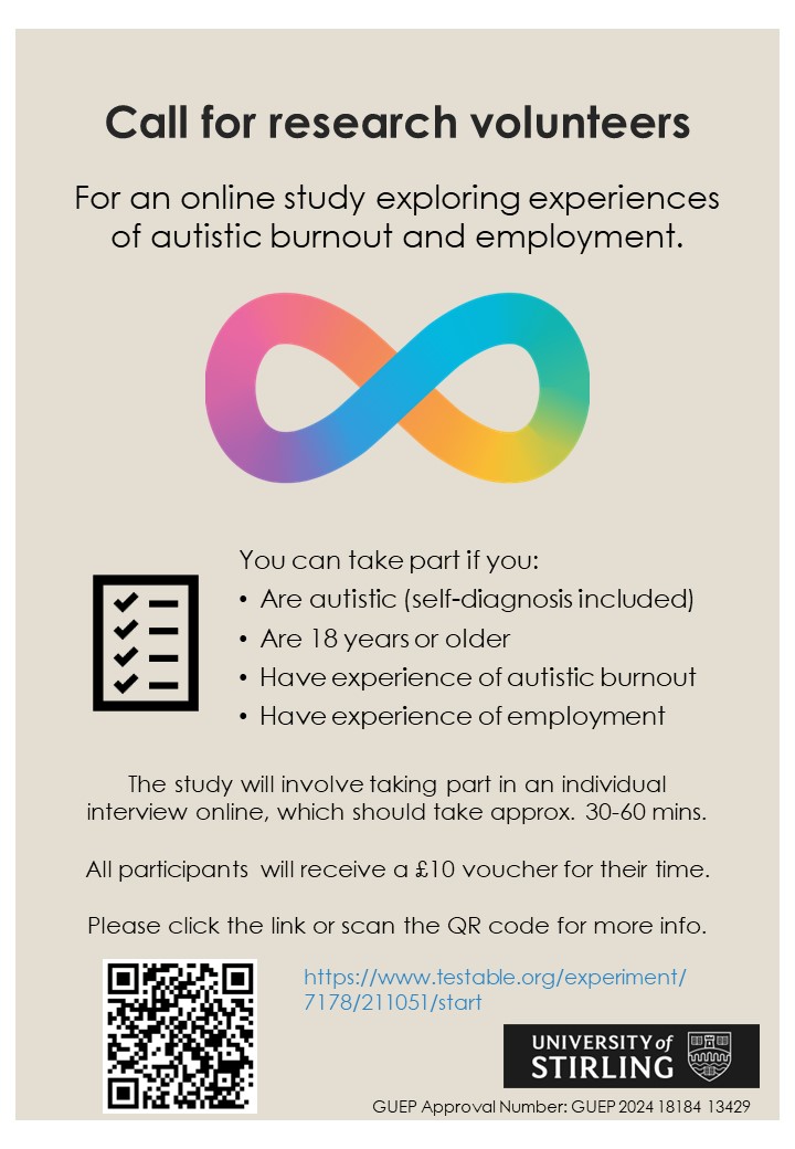 📢NEW STUDY ALERT 📢

An MSc student is exploring Burnout and employment, in 30-60 min individual interviews

Looking for:
- autistic people (self diagnosis welcome)
- 18 years old or over
- Experience burnout AND employment. 

Participants will receieve a £10 voucher