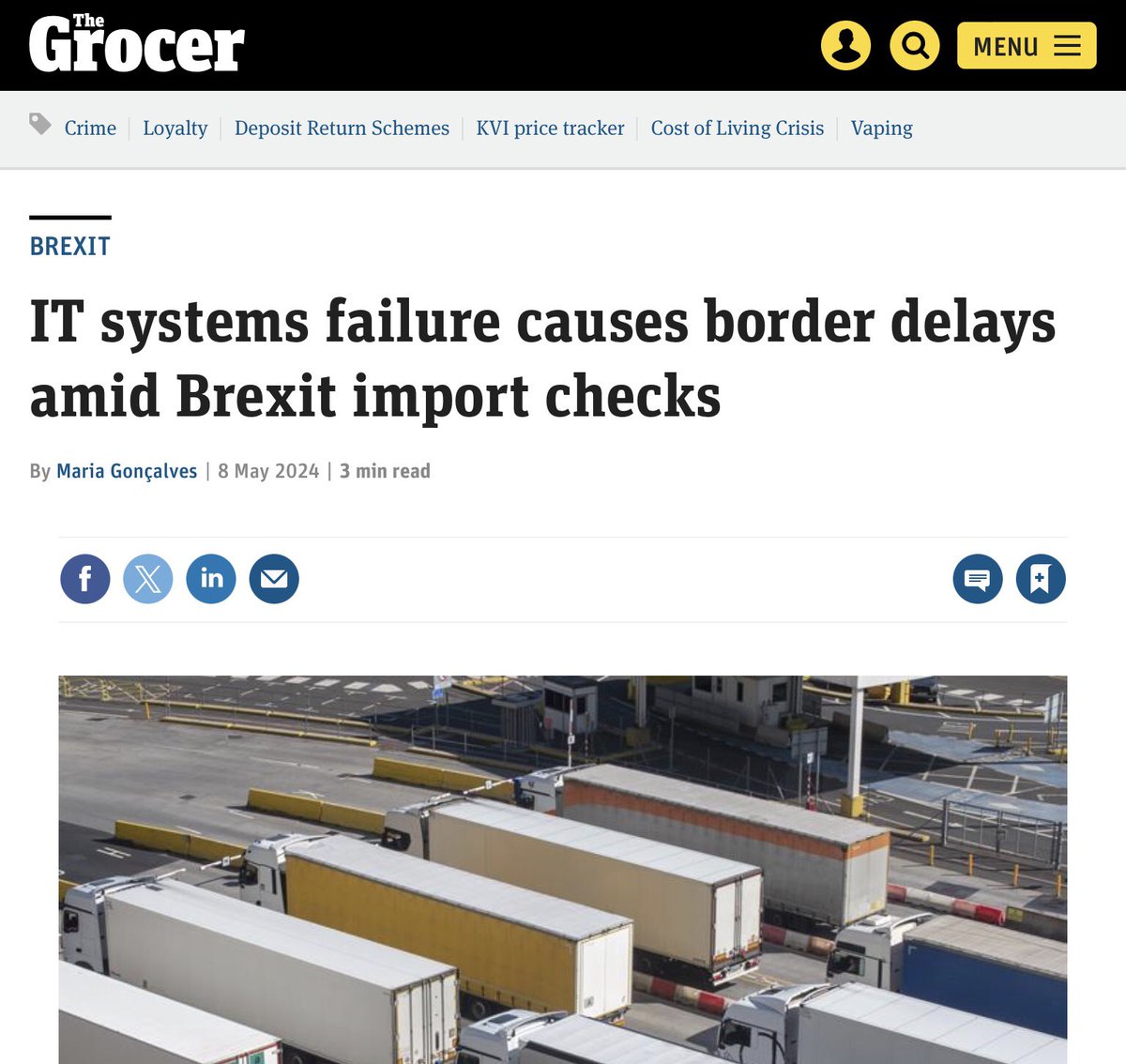 World class IT border checks which crash, perishable goods stuck in trucks for 24 hours, disrupted supply lines, the malevolent hand of Brexiters at work. #BrexitReality