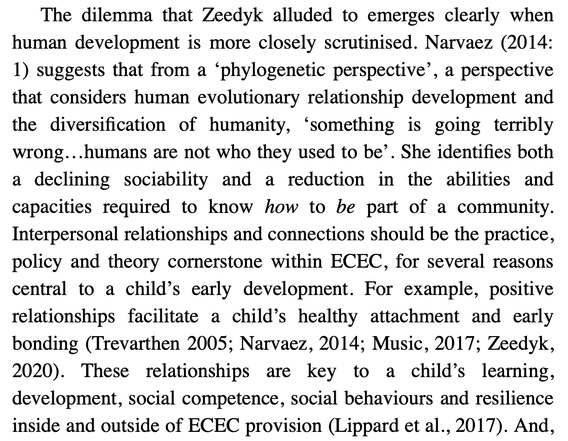 @TIGERSEYAcad @TIGERS_UK 3. 'The dilemma Zeedyk alluded to emerges clearly when human development is closely scrutinised....Relatnshps are key to a child's learning, developmnt & resilience - inside & outside EY provision.' Delighted to see the theorists cited: @grahammusic1, @MoralLandscapes, Trevarthen