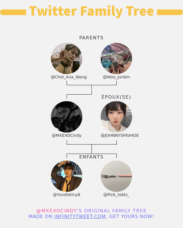 👨‍👩‍👧‍👦 Ma Famille Twitter:
👫 Parents: @Choi_Ana_Wang @Woo_Junbin
👰 Époux(se): @JOHNNYSFAVHOE
👶 Enfants: @Yundietiny8 @Pink_tokki_

➡️ infinitytweet.me/family-tree?la…