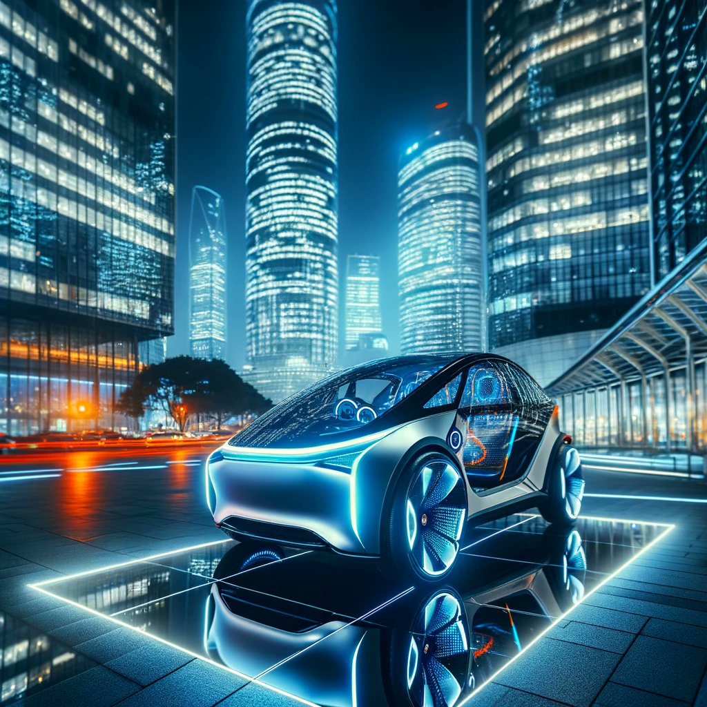 Driving the future! 🚗🔮 An electric vehicle with a futuristic design shines in a high-tech city at night. #ElectricCar #FuturisticDesign #TechCity #NightDrive