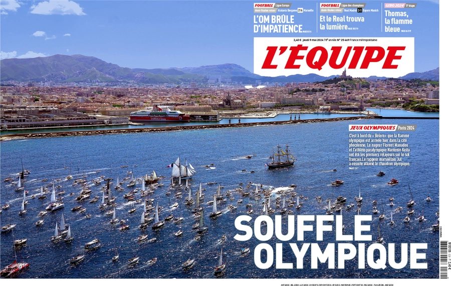La prima pagina di @lequipe dedicata all’arrivo della fiamma olimpica nel porto di Marsiglia. #Paris2024 #FlammeOlympique