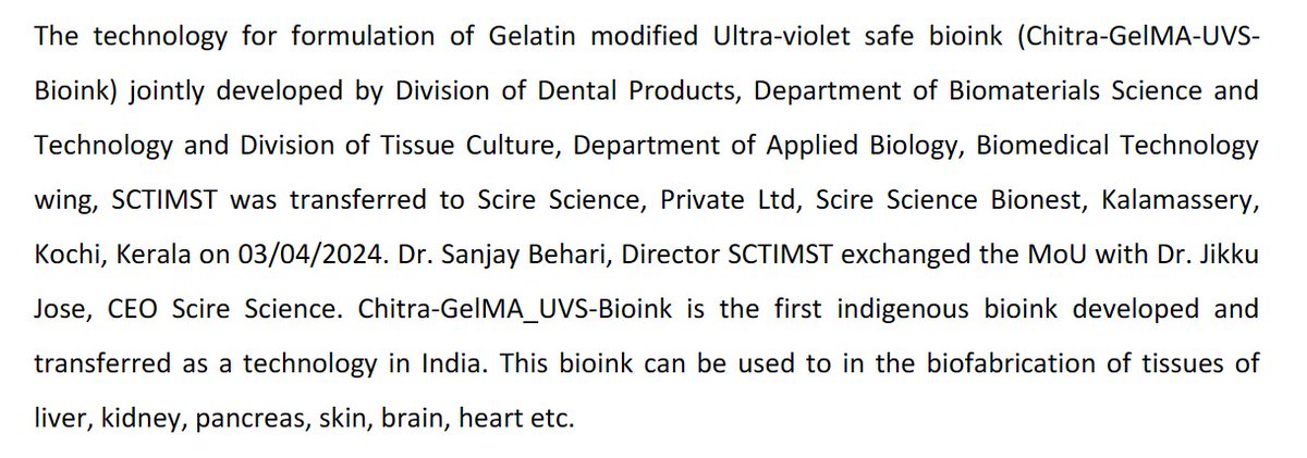 #SCTIMST has signed an MoU with Scire Science, Private Ltd. @DrSanjayBehari, Director SCTIMST has exchanged the MoU with Dr. Jikku Jose, CEO Scire Science. #Chitra-GelMA_UVS-Bioink is the first indigenous bioink developed and transferred as a technology in India. @IndiaDST