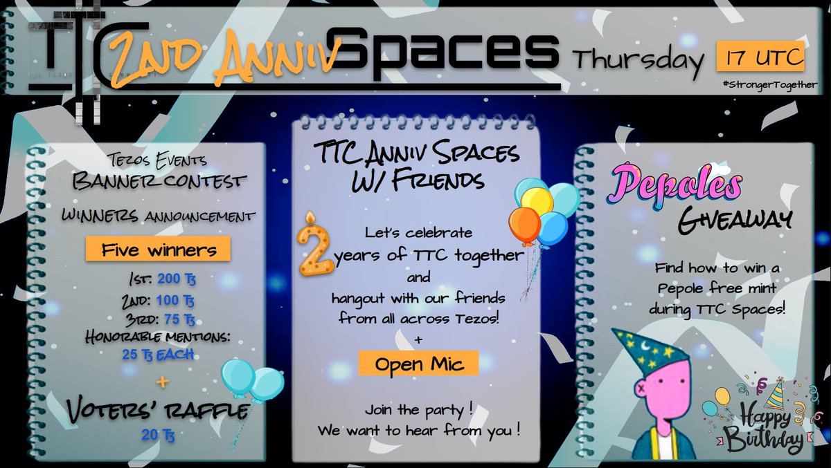 TTC's 2nd Anniversary Spaces today at 17 UTC! It's Party time! Stop by to say hello to TTC and to our guests👋🗣️It will be a space to hang with friends to celebrate 2 years of #StrongerTogether🫂Don't miss it, we would love to hear from all of you! 🔔x.com/i/spaces/1kvkp…