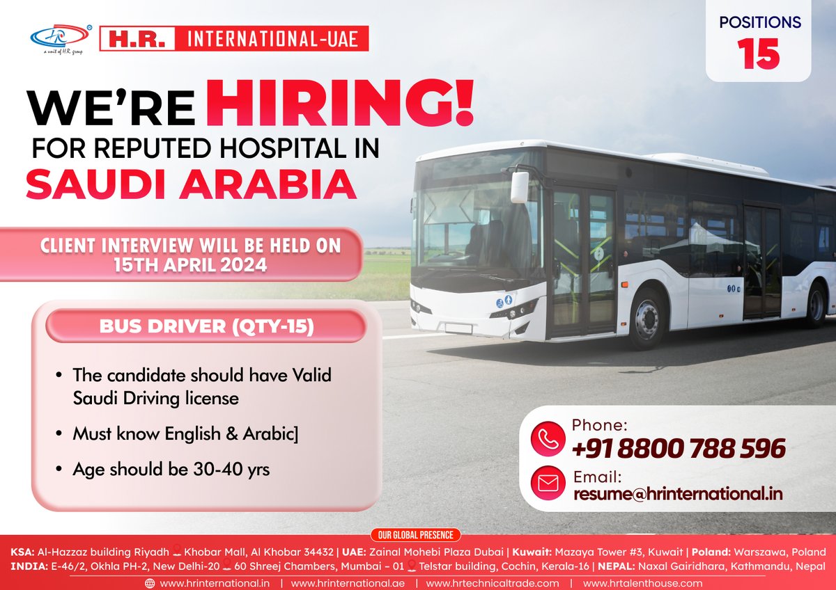 We are Hiring Bus Driver!!! For a reputed hospital in Saudi Arabia Contact us now for more details: 📞 Call or WhatsApp: +91 8800788596 📧 Email: resume@hrinternational.in #jobs #jobfair #jobalert #jobsearch #jobvacancy #jobseekers #jobsearching #jobinterview #jobopportunity