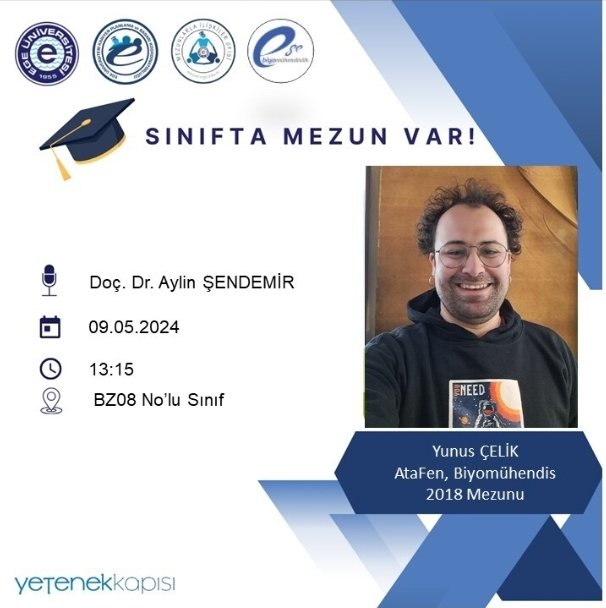 Fen Fakültesi Kimya Bölümü, Fen Fakültesi Biyoloji Bölümü ve Mühendislik Fakültesi Biyomühendislik Bölümü mezunları Sınıfta Mezun Var etkinliği kapsamında sınıflarımıza konuk oluyor.

<a href="/ProfNecdetBudak/">Prof.Dr.Necdet BUDAK</a>
<a href="/EgeUniFenFak/">Ege Üniversitesi Fen Fakültesi</a>
<a href="/EgeMuhFak/">Ege Üniversitesi Mühendislik Fakültesi</a>