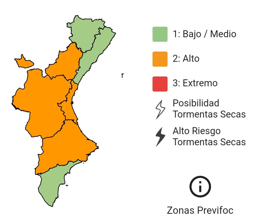 El nivel de riesgo de incendio forestal #IF para hoy en la #ComunitatValenciana es: 🟧 ALTO en la provincia de #Valencia, interior Sur de #Castellón y Norte de #Alicante. 🟩 Bajo/medio en el resto del territorio.