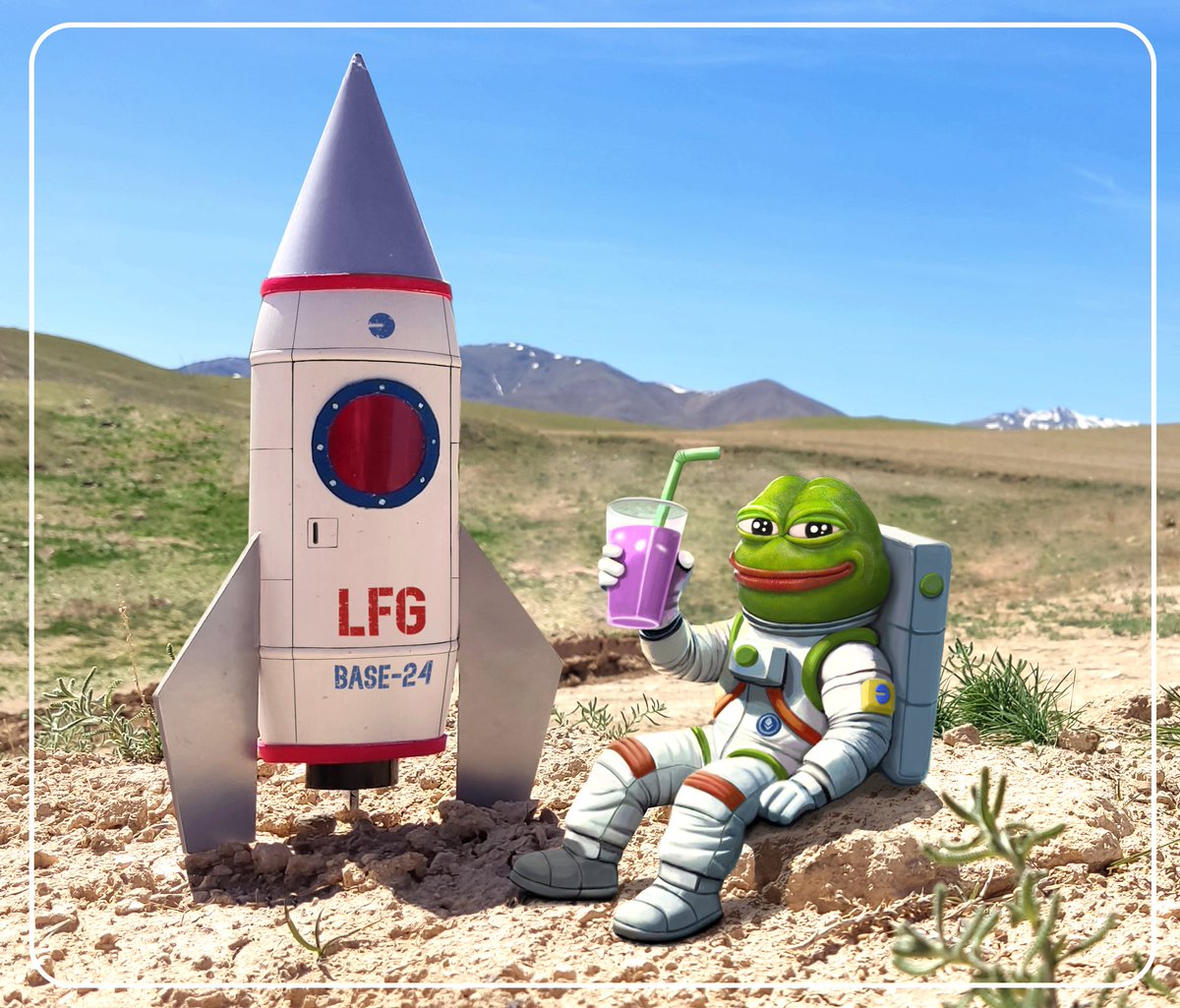 gm gm fam💜 My first Free Mint in @ourZORA With a limited time! It's my collaboration piece with an amazing miniature artist @0xShahrzad 💎 'Astro Pepe in TinyVerse' 🐸🚀🌕 Digital painting 🎨 + Handmade miniature Rocket 🚀 Link in CM 🔻 🔻🔻