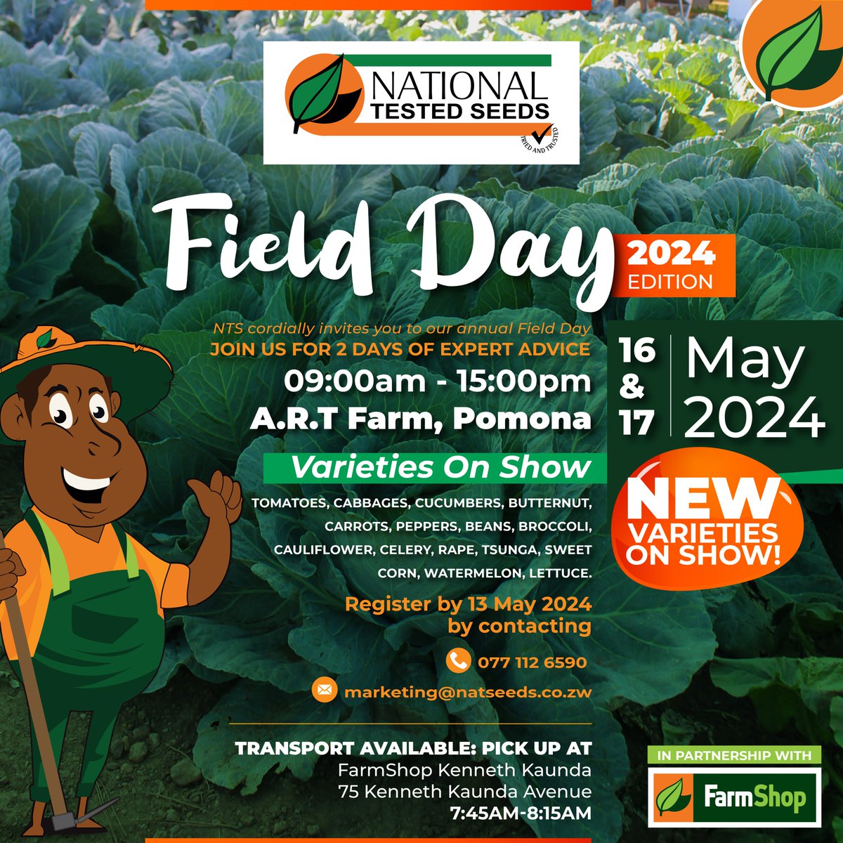 Don't miss out on the National Tested Seeds Field Day happening on May 16th and 17th of May 2024 at A.R.T FARM, Pomona. Explore innovative vegetable varieties & gather priceless tips from our expert agronomists. Register now!

#NTSFieldDay #SeedOfChampions #ShamwariYeHurudza