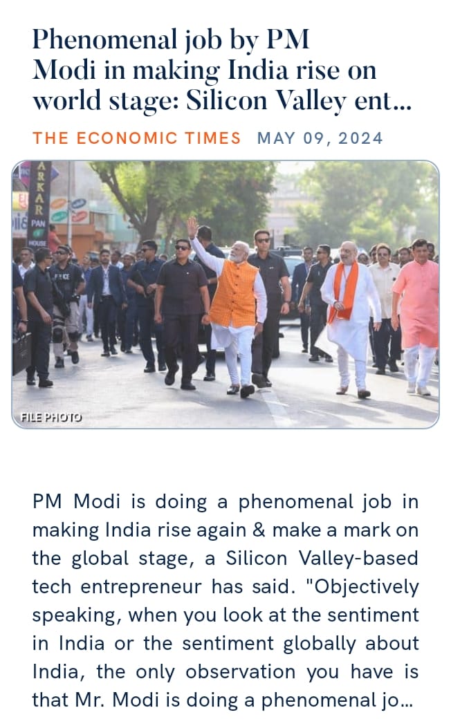 Phenomenal job by PM Modi in making India rise on world stage: Silicon Valley entrepreneur economictimes.indiatimes.com/news/india/phe… via NaMo App