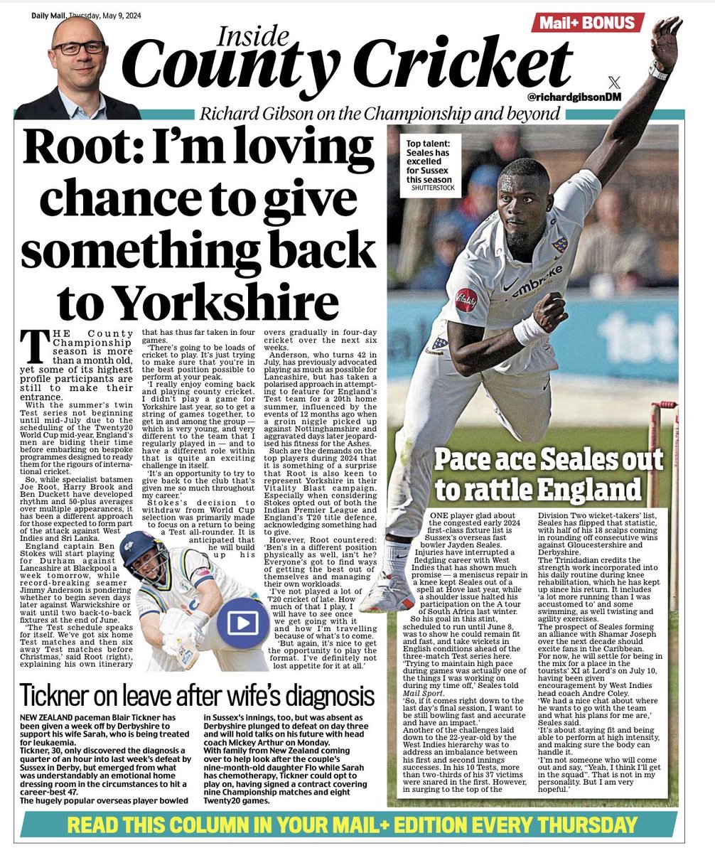 Latest Mail+ column: Joe Root on playing county cricket before the first of England’s 12 Tests in 2024 begins, and a fit again Jayden Seales on the box ticking performances with Sussex that will have him in the mix for West Indies selection this summer.