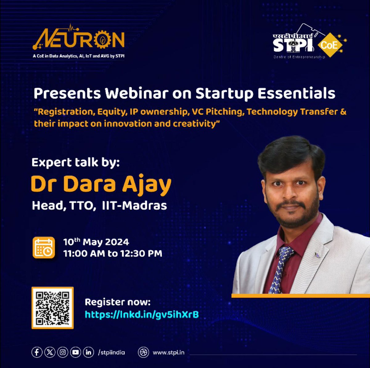 STPI @CoeNeuron in association with Startup Punjab Hub is organising a webinar on 'Startup Essentials' on the eve of National Technology Day. 🗓 10th May 2024 🕚 11 am onwards Register now at lnkd.in/gv5ihXrB and get a participation E-certificate post-completion.