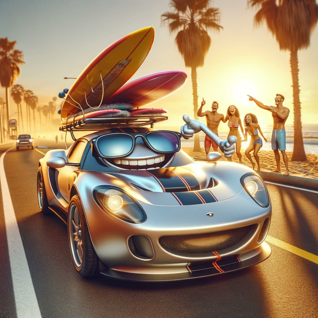 Surf's up in style! 🏄‍♂️🌊 This sports car cruises down the beachside road with a cool look and surfboards on top. #BeachVibes #SummerCruise #CarHumor #SurfAndDrive