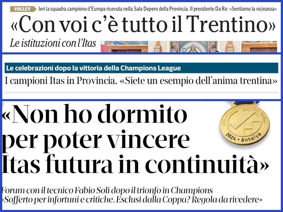 🗞 | RASSEGNA STAMPA ➖ I titoli dei quotidiani locali dedicati alla #TrentinoItas maschile nella giornata di giovedì #9maggio 2024: l’#Adige, #CorrieredelTrentino e #ilT ➖ #️⃣ #trentinonelcuore