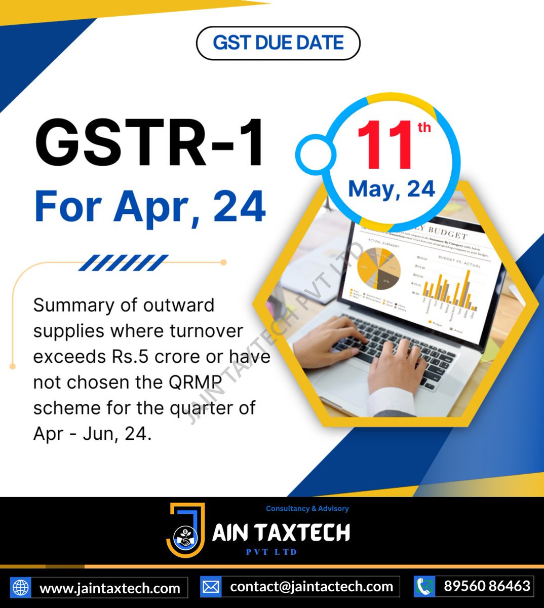 Attention Taxpayers! 📊 It's time to file your GSTR-1 for April - June 2024, summarizing outward supplies. Ensure compliance if turnover exceeds Rs. 5 crore or if QRMP scheme not opted. Stay on track with Jain TaxTech! 💼📝#GSTR1 #TaxCompliance #TaxReform #IndianEconomy #GSTIndia