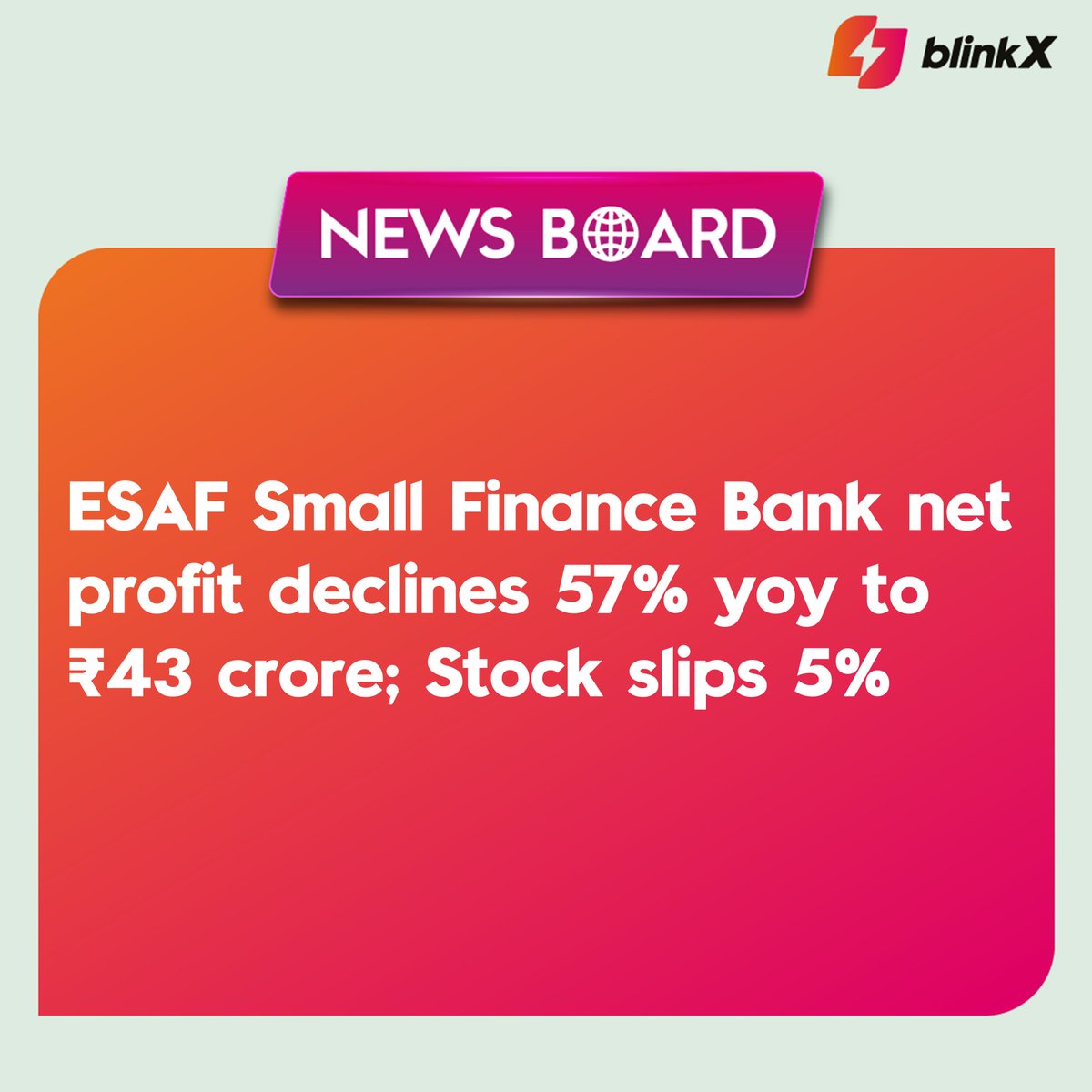 The bank has allocated higher provisions, resulting in a Profit After Tax of ₹43 Crore for the quarter, compared to ₹101 Crore in Q4FY23.

#ESAFSmallFinance #ESAF #revenue #sales #quarter #fiscal #FY24 #financialyear #rupee #launch #news #finance #marketupdates #stocks