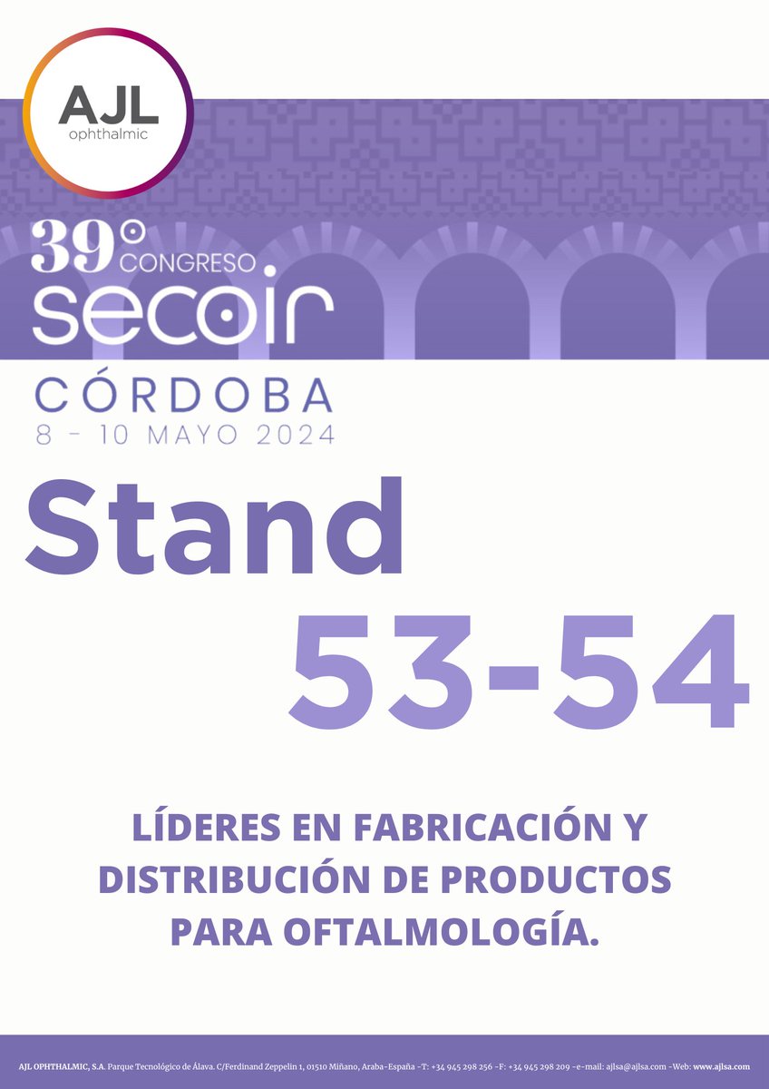 🔶 Os esperamos del próximo 8 al 10 de mayo en #SECOIR, donde podrás conocer los productos innovadores de AJL Ophthalmic y los productos de distribución.

En AJL Ophthalmic somos líderes en fabricación y distribución de productos para oftalmología.

#SECOIR2024 #oftalmologia