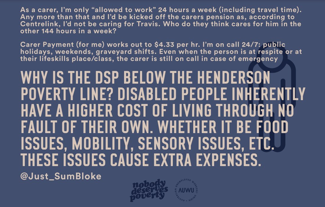 'WHY IS THE DSP BELOW THE HENDERSON POVERTY LINE? DISABLED PEOPLE INHERENTLY HAVE A HIGHER COST OF LIVING THROUGH NO FAULT OF THEIR OWN. WHETHER IT BE FOOD ISSUES, MOBILITY, SENSORY ISSUES, ETC. THESE ISSUES CAUSE EXTRA EXPENSES'

#NobodyDeservesPoverty
#RaiseTheRate