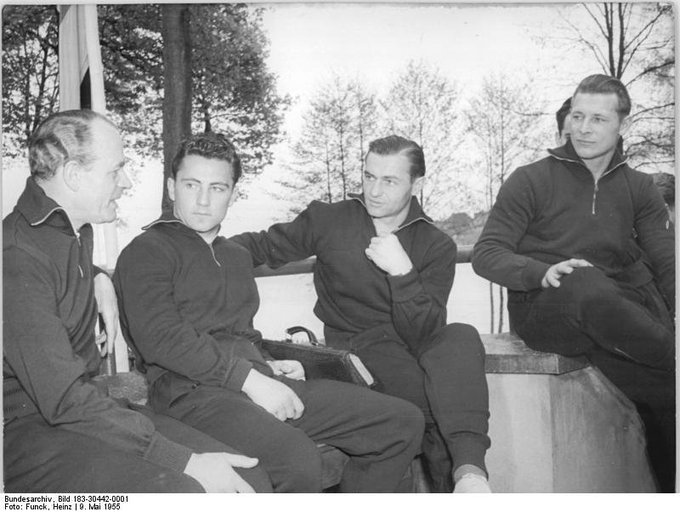 9 May 1955: a joint football team consisting of West and East Berlin players prepares for match against Prague XI (via Bundesarchiv)