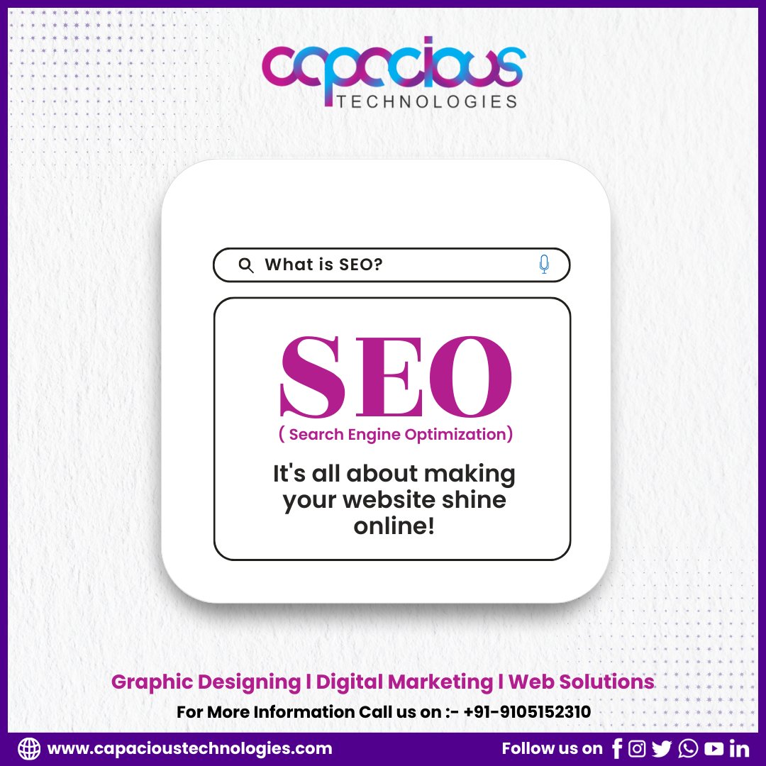 SEO ( Search Engine Optimization ) : The secret ingredient to a successful online presence🔍    

Graphic Designing | Digital Marketing | Web Solutions

For more info :-+91-9105152310

#seo #SearchEngineOptimization #seospecialist #GraphicDesign #Graphic