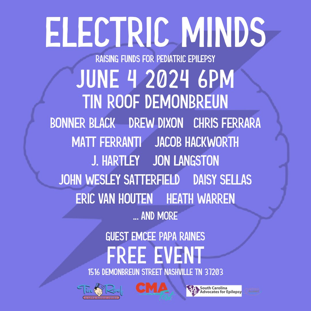 JUNE 4 ⚡️ Electric Minds first public event @TinRoofNash ⚡️ 🧠  

#electricminds #electricmindsfoundation #nashville #cmafest