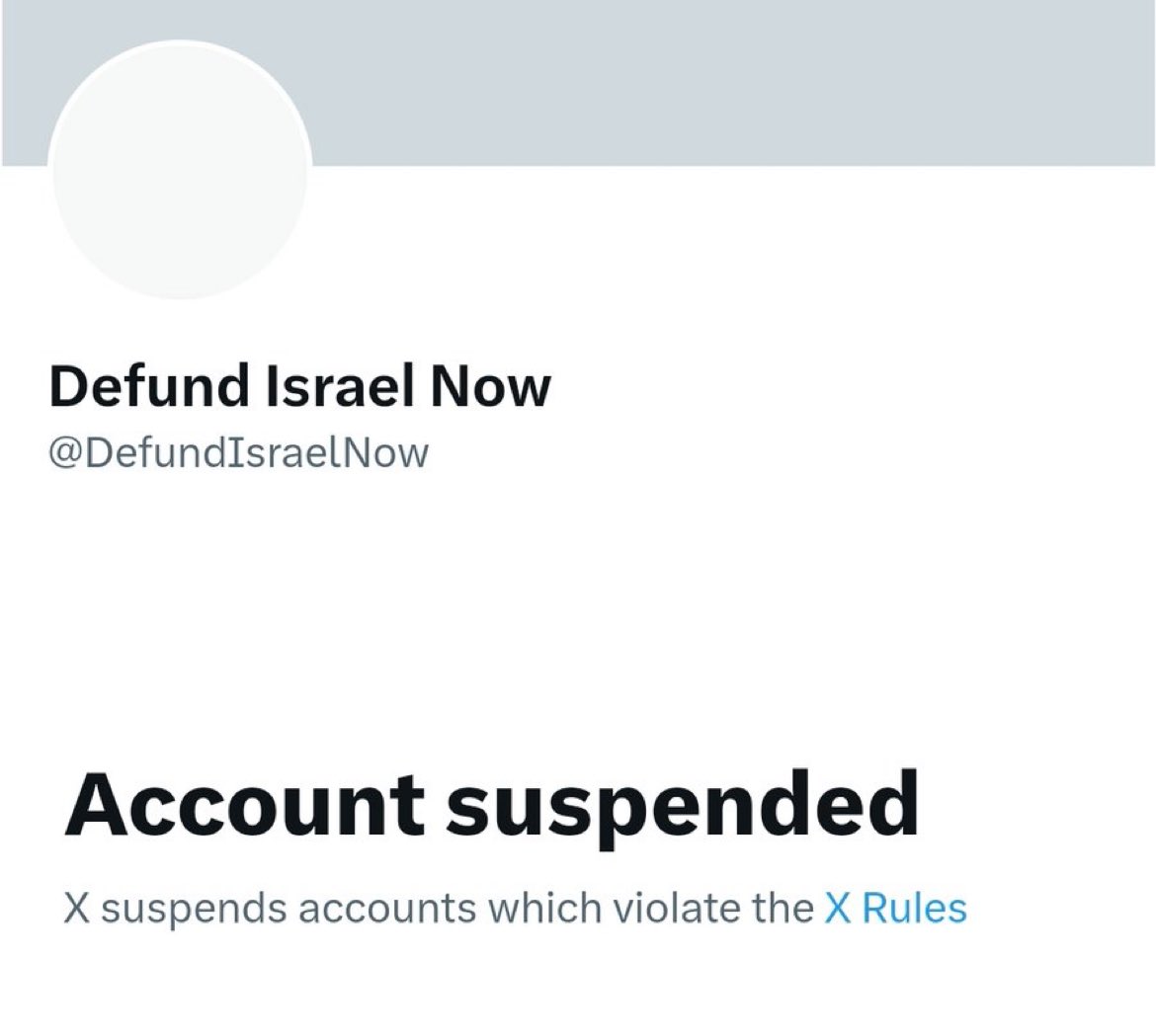 This “free speech” platform just suspended @DefundIsraelNow because he spoke out against the Holocaust in Rafah! Absolutely despicable @elonmusk. You are standing on the wrong side of history!