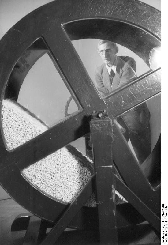 9 May 1947: the Berlin city lottery is about to be drawn. That's either a very large wheel or a very small man (via Bundesarchiv)