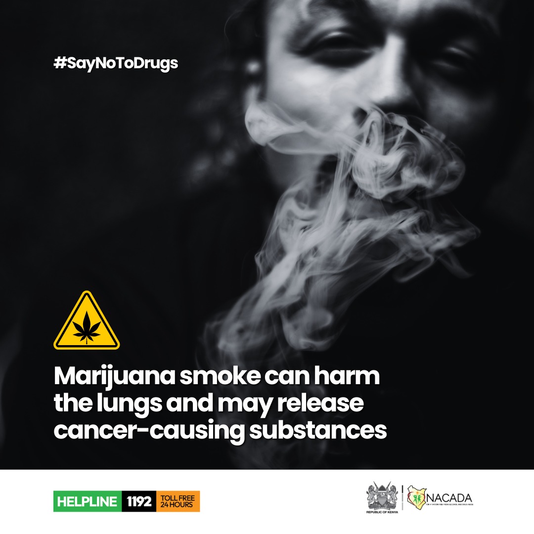 Similar to the risks associated with smoking cigarettes, smoking marijuana may carry the same risks and possible side effects. Like tobacco smoke, marijuana smoke can harm the lungs and may release cancer-causing substances #SayNoToDrugs #HealthyNation
