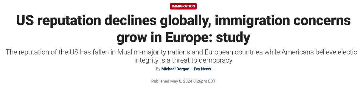 Fox News, ABD, 8 Mayıs 2024: ABD'nin itibarı küresel ölçekte azalırken, Avrupa'da göçmenlik endişeleri artıyor: araştırma 🗒️ ABD'nin itibarıi Müslümanların çoğunlukta olduğu ülkelerde ve Avrupa ülkelerinde düşerken, Amerikalılar seçim dürüstlüğünün demokrasi için bir tehdit…