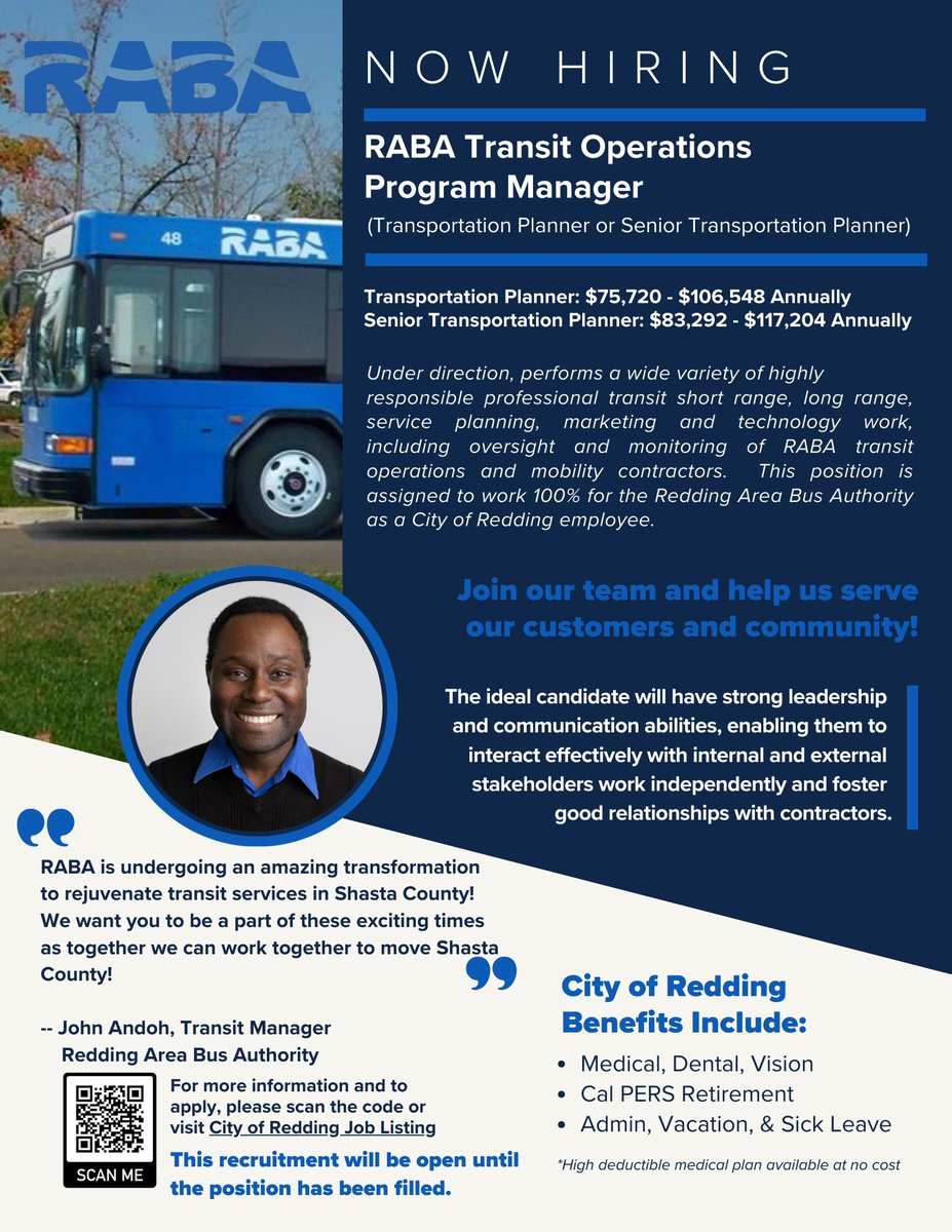 RABA Transit Operations Program Manager
Redding, CA -  Apply here:

governmentjobs.com/careers/reddin…