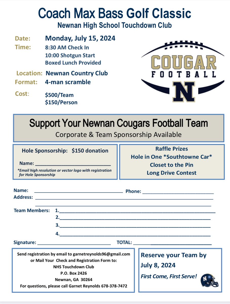 Registration is open for the 2024 Max Bass Golf Classic to benefit Newnan Football! This event fills up EVERY year so don't wait! This is also a great way to get your business out in the community! We're looking for hole sponsors!