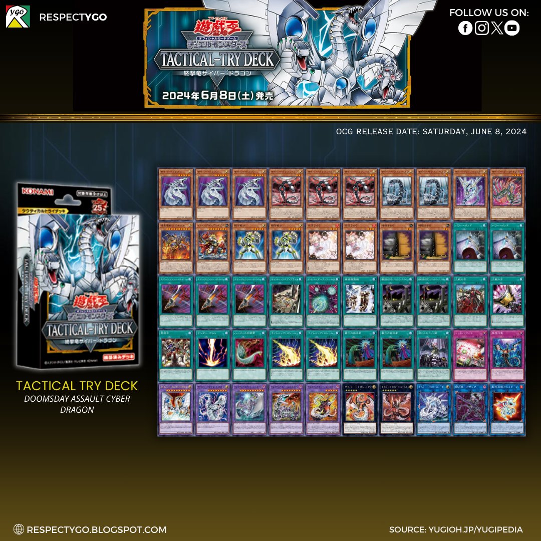 Respect_YGO's tweet photo. [Set Spoiler] Here's the complete set spoiler of the "TACTICAL TRY DECK: Cyber Dragon" series! Which deck are you trying this June? 😏✨

#yugioh #OCG #tacticaltry #setspoiler

~ArcKnight~ https://t.co/RVr4aAGSRV