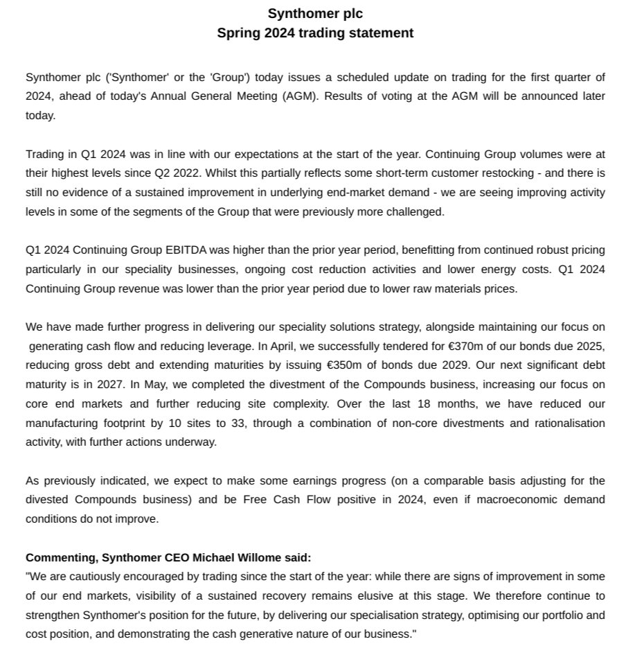 smarkus's tweet image. Synthomer #SYNT Q1 TU, cautiously worded but some grounds for optimism, seeing signs of improvement in some end markets but 'visibility of a sustained recovery remains elusive'. Q1 trading in line, Q1 EBITDA higher YoY, reduced sites by 10 to 33. Progress, of a sort.