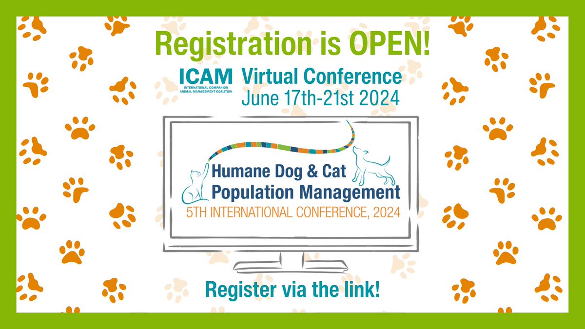 Registration is open! Register for your Zoom link from our conference webpage tinyurl.com/ICAMconf2024 This one Zoom link will give you access to all 5 days 17-21 June. Join us for 2 hours every day of inspiring dog&cat population management content from around the world.