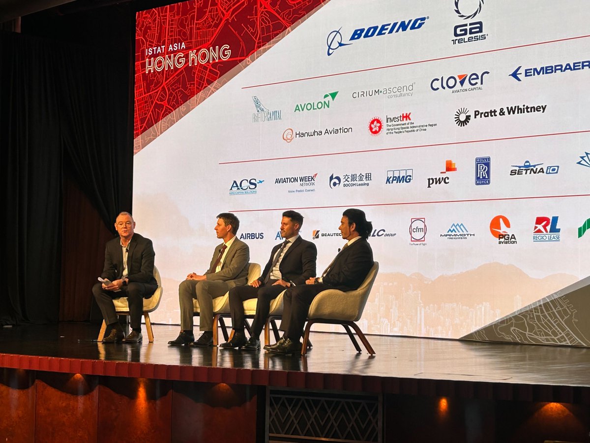 Andy Shankland of Seabury Aviation takes the stage with leaders in aircraft engine production for the #ISTATAsia Power Panel. Panelists include Jim Morrison, Avolon; Jaime Nieto, Rolls-Royce & Partners Finance; and Simon Smith, HAECO. #ISTATEvents #ISTATNetworking