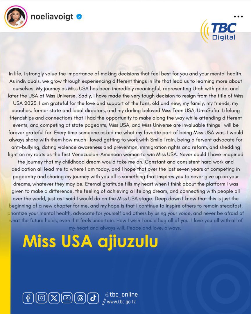 tbcarusha's tweet photo. Kupitia ukurasa rasmi wa shindano la urembo la Marekani @missusa mlimbwende Noelia Voigt(24) ambaye ni Miss USA 2023 amejivua taji hilo akitaja sababu kubwa ni afya ya akili.

✍🏽 @JudithEneLaizer  

#beautypageant #USA #Urembo #TBCDigital #Arusha https://t.co/bhqGZ56yyG