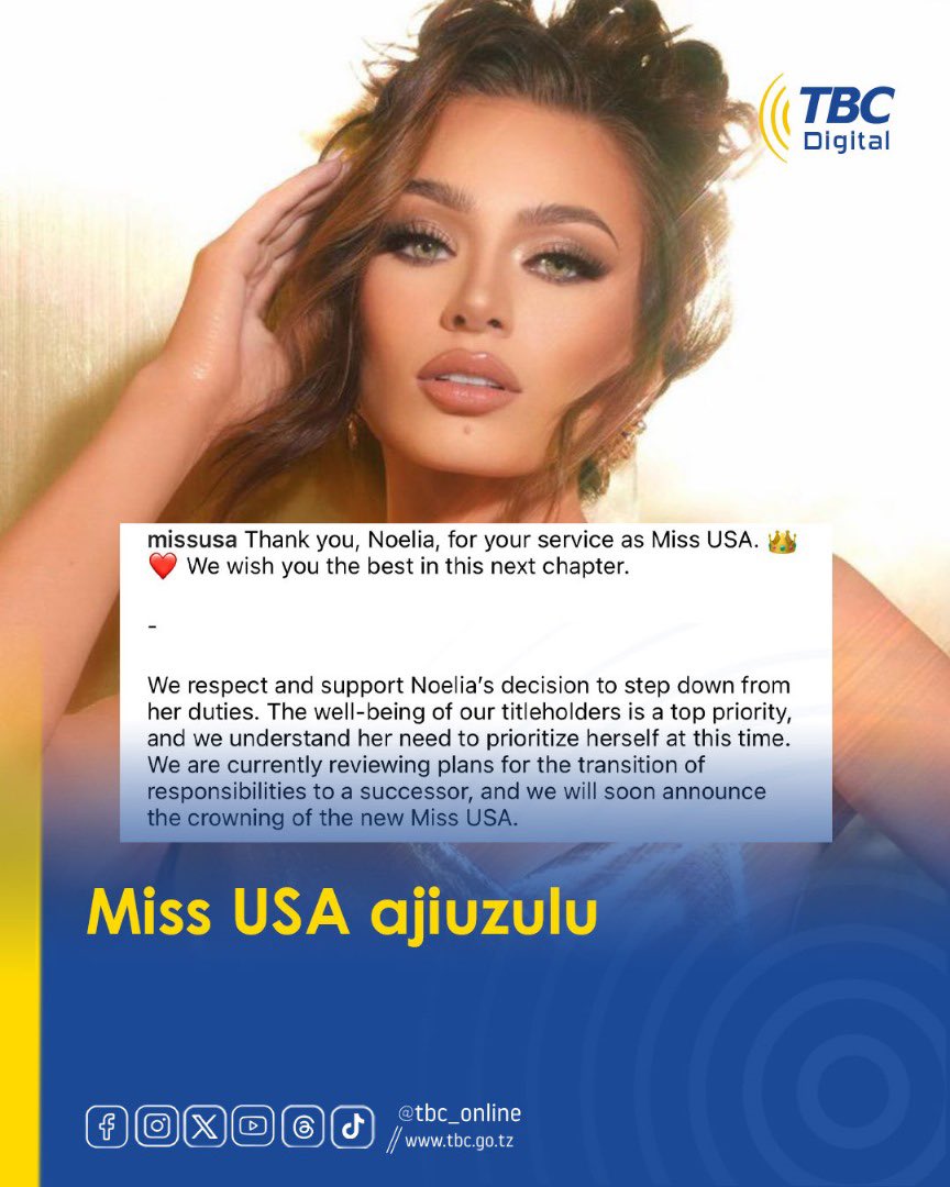 tbcarusha's tweet photo. Kupitia ukurasa rasmi wa shindano la urembo la Marekani @missusa mlimbwende Noelia Voigt(24) ambaye ni Miss USA 2023 amejivua taji hilo akitaja sababu kubwa ni afya ya akili.

✍🏽 @JudithEneLaizer  

#beautypageant #USA #Urembo #TBCDigital #Arusha https://t.co/bhqGZ56yyG