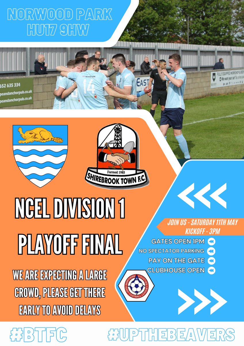 We’re approaching the biggest fixture in our club’s history, and we are expecting a bumper crowd down at Norwood Park! We recommend getting down early, parking will be limited around the ground; it is going to be a busy one @bevtownfc 🤝 @ShirebrookTwnFC @NCEL 1 PLAYOFF FINAL
