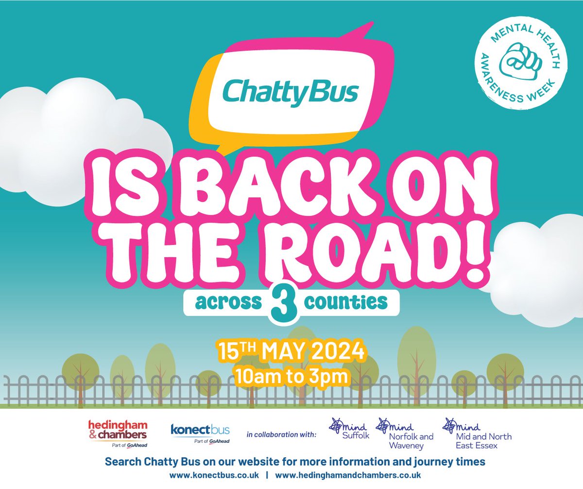 On 15th May 10am to 3pm, Go East Anglia is bringing back the travelling Chatty Bus across Norfolk, Suffolk and Essex to mark Mental Health Awareness Week.

Find out more: konectbus.co.uk, hedinghamandchambers.co.uk

#MentalHealthAwarenessWeek #youarenotalone