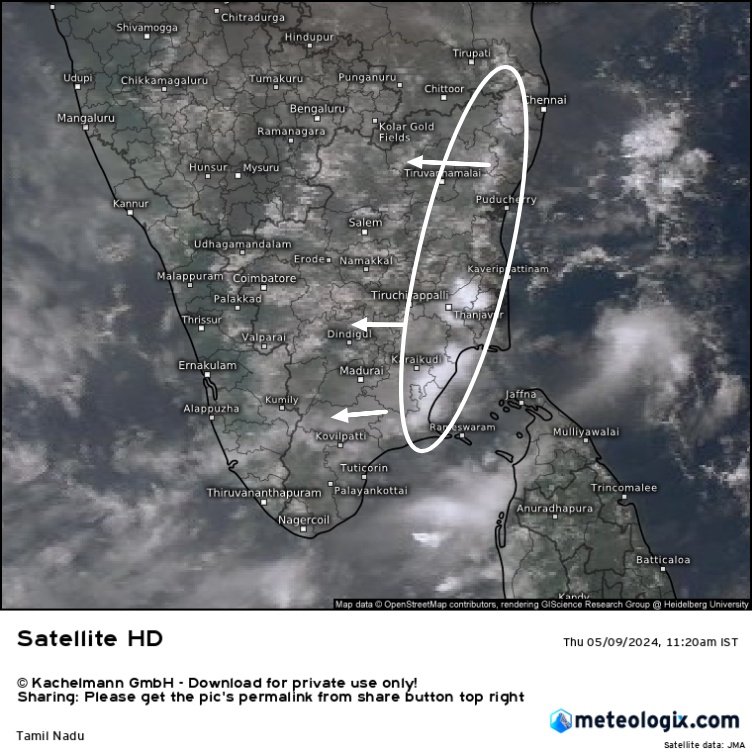 Tamil Nadu today, scattered rain clouds have started infiltrating from the east in the areas between Chennai and Ramanathapuram. Thunderstorms are expected in the interior districts and the eastern plains along the Western Ghats in afternoon and evening Hours.12pm