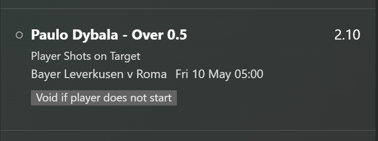 🇪🇺 UEFA Europa League  

Paulo Dybala - Over 0.5 SOT   

📊 L5 - 0,1,1,0,1
🏆 Europa - 1,1,1,1,0,1,1,0

Dybala has been hitting consistently in europe and seeing as Roma need to push 2 goals down, I really like this price.

#soccertips #footballtips #playershots #EuropaLeague