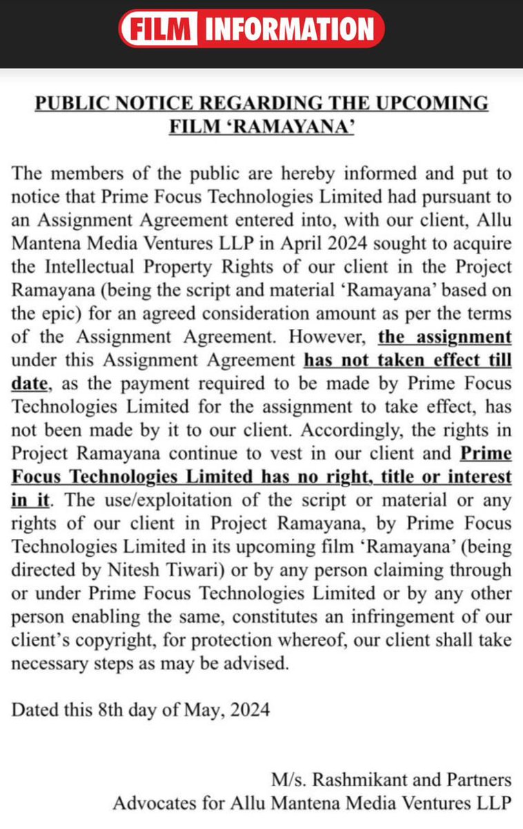 #MadhuMantena gives a public notice to share his stance on the stakes in #Ramayana. Alleges copyright infringement
