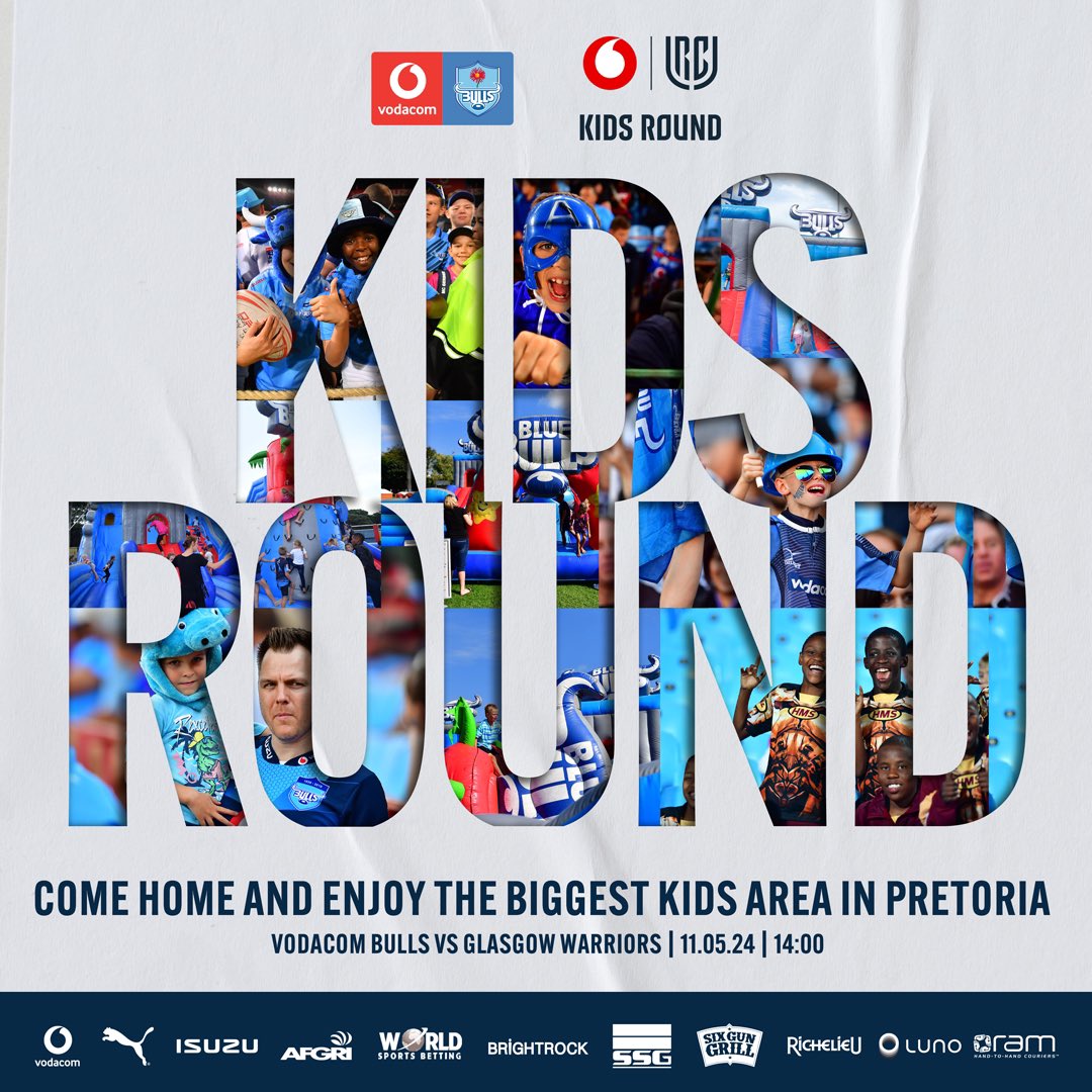 WHAT TO LOOK FORWARD TO 🔥😍
- BIGGEST kids play park EVER ( & lots of prizes to be won 👀) 
- 30 INFLATABLES 
- INSANE E-Gaming Area 
- Kid MC, Kid DJ 

GATES OPEN: 10:30 

🎟️TICKETS: rb.gy/ff6lqg 

@Vodacom #URC
@URCOfficial_RSA 

#KidsRound | #BackTheBulls