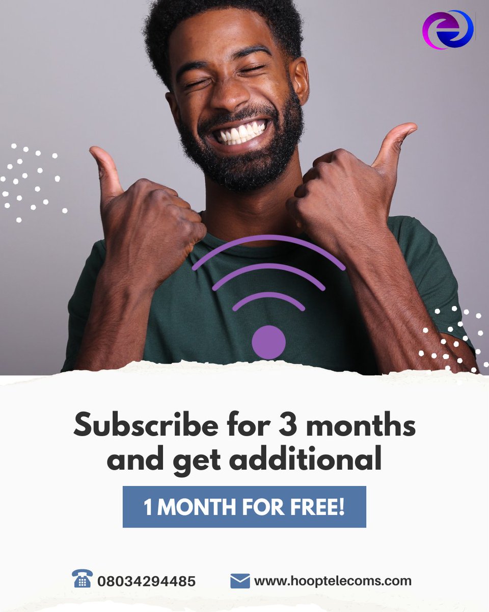 We are here with your mouth watering offer. Get unlimited internet connection for your Family, subscribe for 3 months and get additional 1 month for free.

Call 08034294485 now.

#hooptelecoms #UnlimitedData #SubscribeNow #Binance #protest #PayPal #Israel #14thMay #AlexOtti