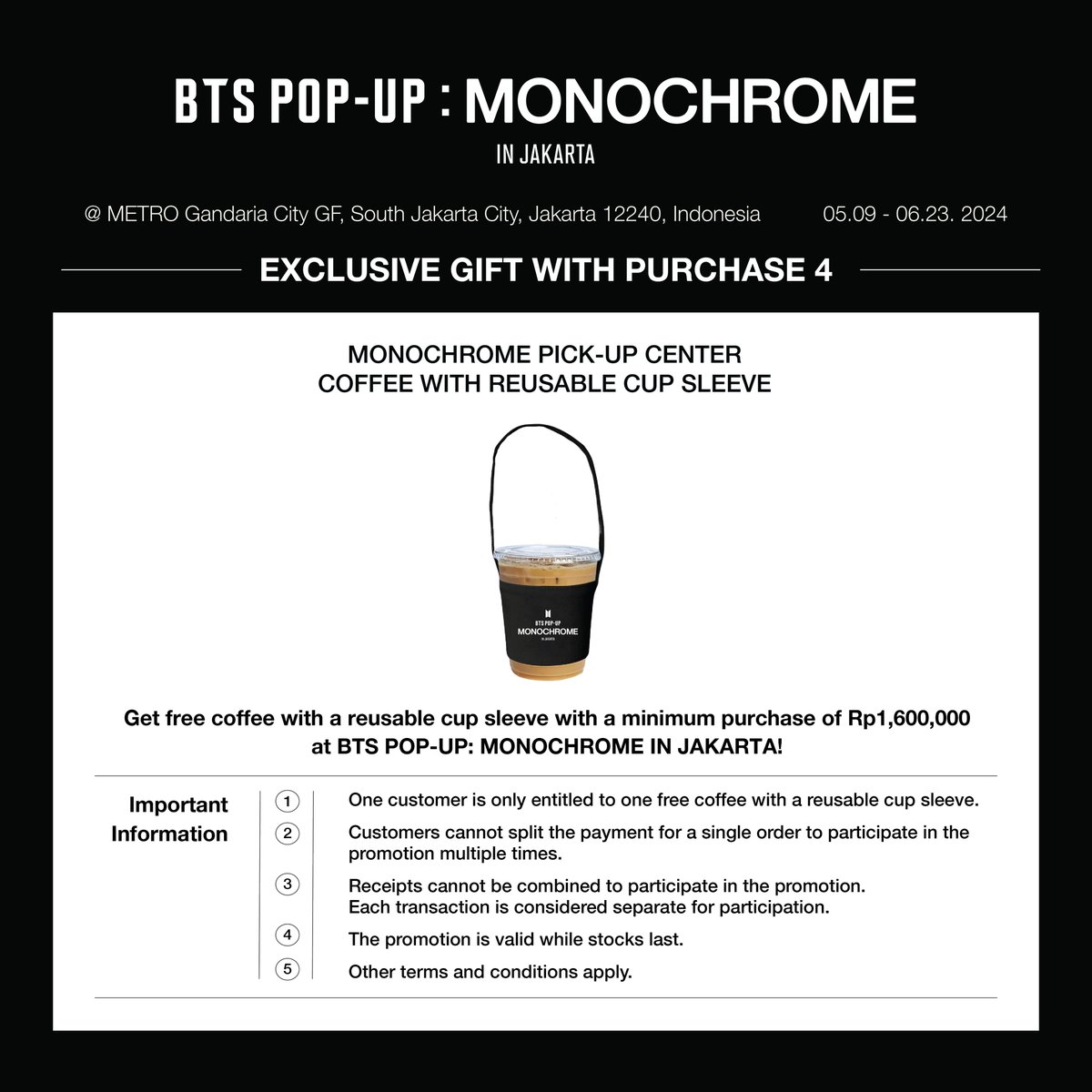 Hi, Army Indonesia!

For those of you who will be coming to BTS POP-UP: MONOCHROME at METRO Gandaria City Jakarta, here is some information you must know!

See you!! 💜💜

#BTS #방탄소년단 #MONOCHROME #MNCR
#BTS_POPUP #Jakarta #ShopatMETRO