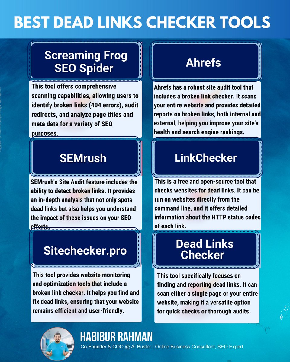 6 Best AI tools for checking website's Dead links 

✅ Screaming Frog SEO Spider
✅ Ahrefs site audit
✅ SEMrush Site Audit
✅ LinkChecker
✅ Sitechecker. pro
✅ Dead Link Checker
#SEO #WebsiteHealth #AI #DigitalMarketing #ScreamingFrog #Ahrefs #SEMrush #LinkChecker #Sitechecker