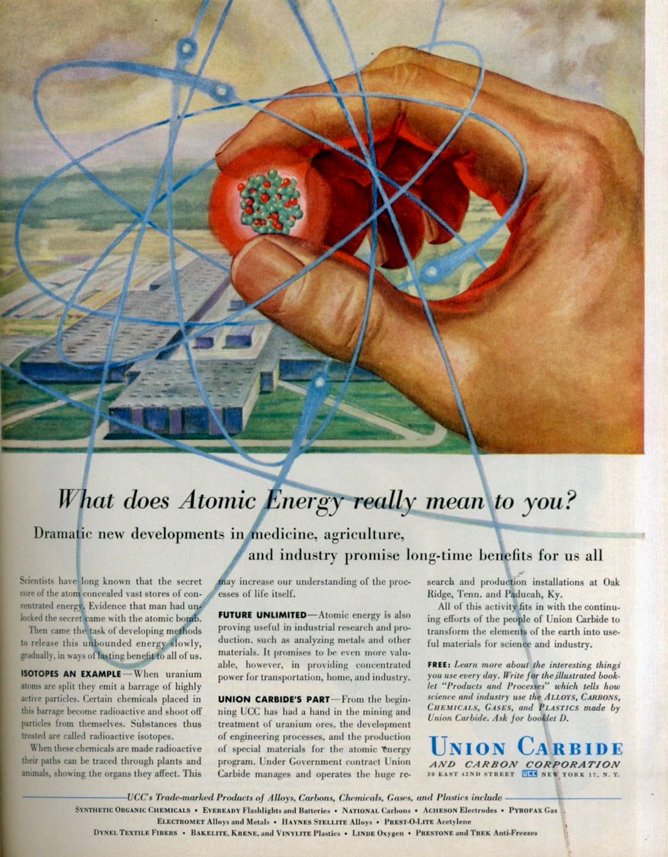 ‘Dramatic new developments in medicine, agriculture and industry promise long-time benefits for us all.’ Union Carbide and Carbon Corporation. May 1953.
#atomicenergy #nuclearpower #atoms #UnionCarbide