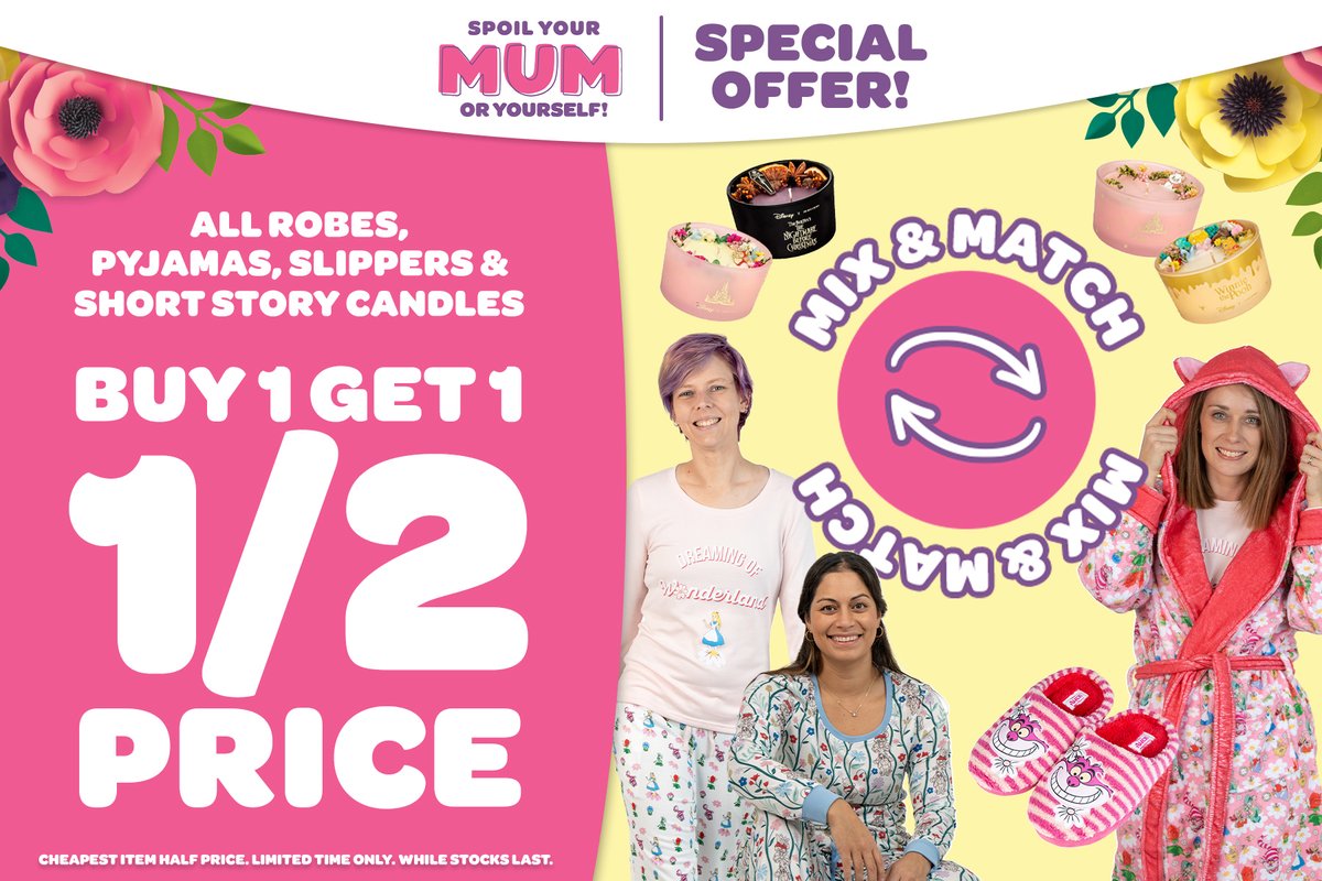 Spoil Your Mum (Or Yourself) with this special BUY 1 GET 1 HALF PRICE offer! Mix & Match Pyjamas, Slippers, Short Story Candles and more for the perfect gift this Mother's Day! 💐 Cheapest item half price. Limited time only. T&Cs apply. bit.ly/3ydt0yb