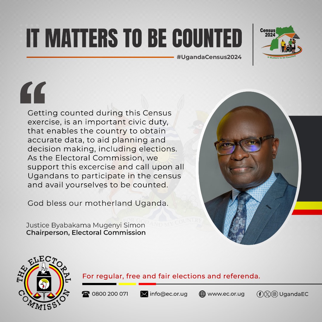 As the @UgandaEC ,we support this exercise and call upon all Ugandans to participate in the census and avail yourselves to be counted ' Justice Simon Byabakama Mugenyi, Chairperson, Electoral Commission urging Ugandans to participate in the upcoming census. #UgandaCensus2024